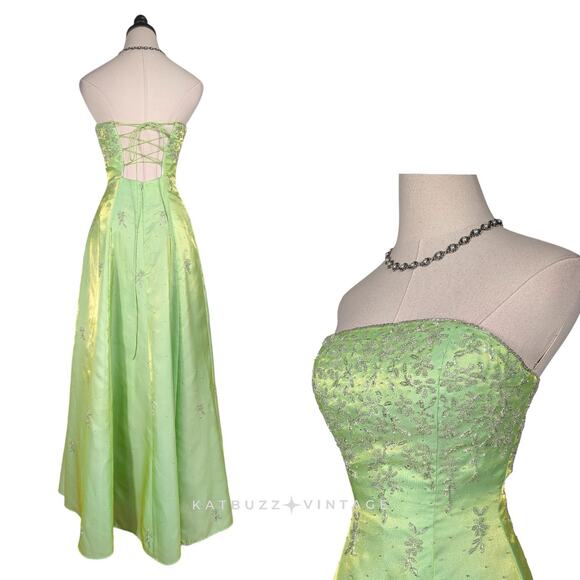Vintage Prom Dress Maxi Ball Gown XS Green Fairy Princess 90S Y2K Corset Bead - Picture 1 of 15